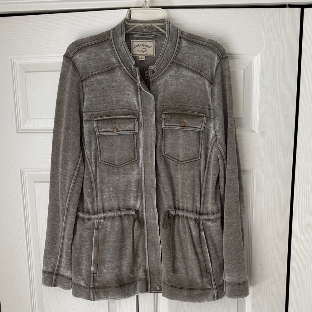 Lucky Brand Gray olive Utility Jacket distressed sweatshirt size L boho